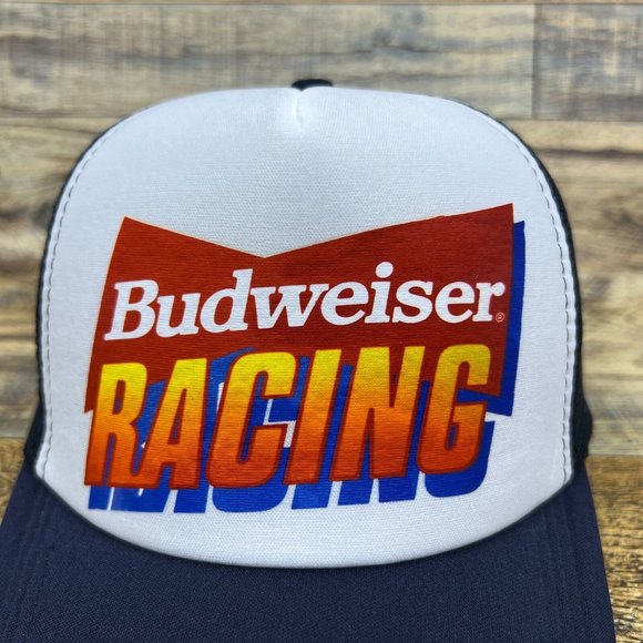 Budweiser Racing Mens Trucker Hat Navy Snapback Motorsport Drag Race Ball Cap - Picture 3 of 8